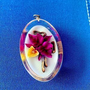 Vintage reverse carved lucite floral purple orchid pendant